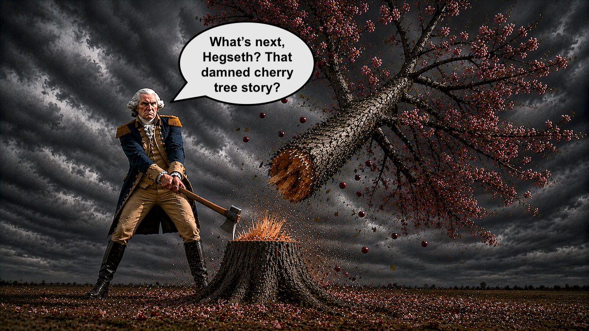 AI generated image of an angry George Washington in military uniform chopping down a big cherry tree with a speech bubble saying What's next Hegseth that damned cherry tree story?