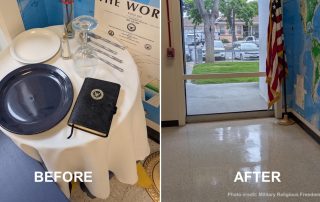 Before and after photos showing large Bible with Navy emblem on table in before photo and empty spot where the entire display was removed in after photo