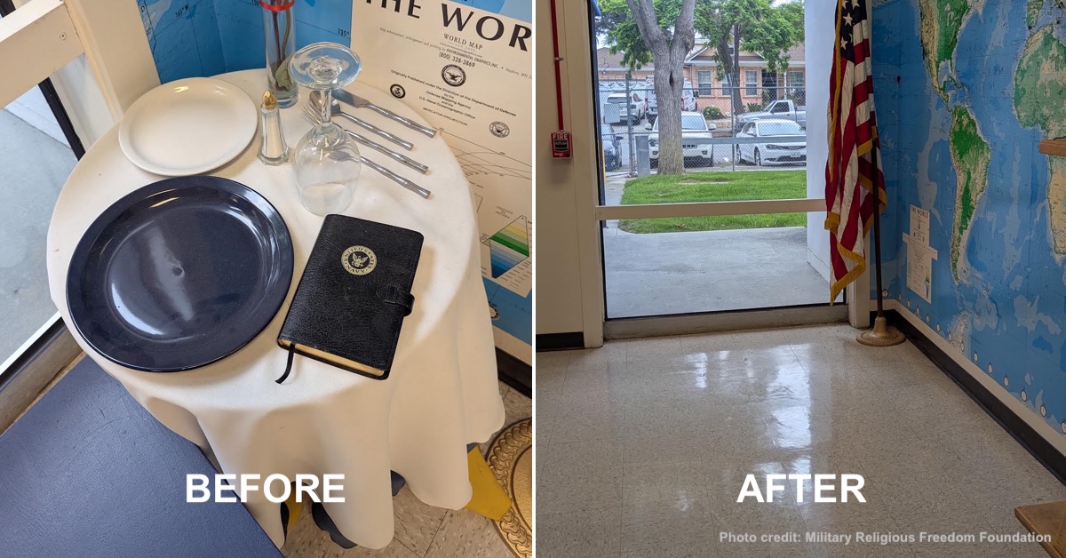Before and after photos showing large Bible with Navy emblem on table in before photo and empty spot where the entire display was removed in after photo