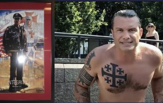 Crusader artwork on left and Hegseth showing his crusader tattoos on right