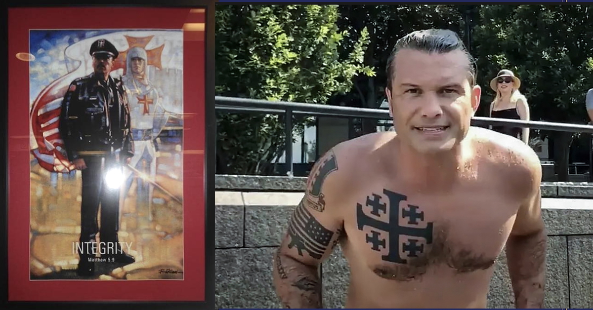 crusader-artwork-hegseth Crusader artwork on left and Hegseth showing his crusader tattoos on right