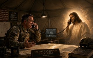 AI generated image of Commander at desk on phone to Jesus