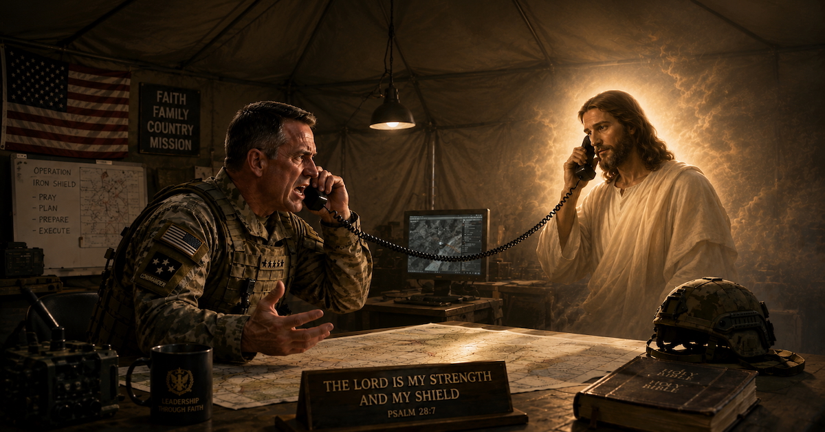 AI generated image of Commander at desk on phone to Jesus