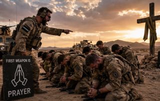Special Forces troops in desert forced to kneel in prayer by superior officer with sign saying First weapon is prayer