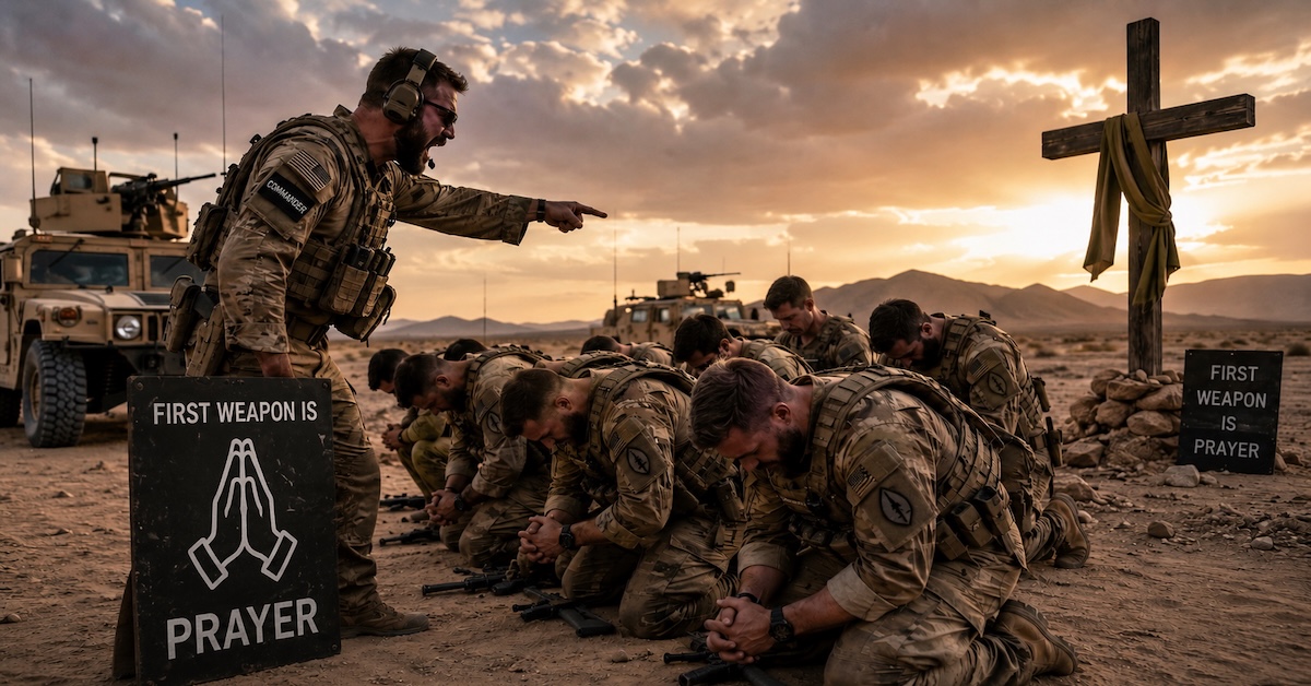 Special Forces troops in desert forced to kneel in prayer by superior officer with sign saying First weapon is prayer