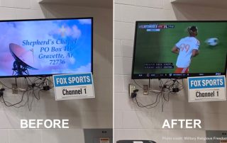 Before and after photos showing TV switched to Christian programming is now back to sports programming