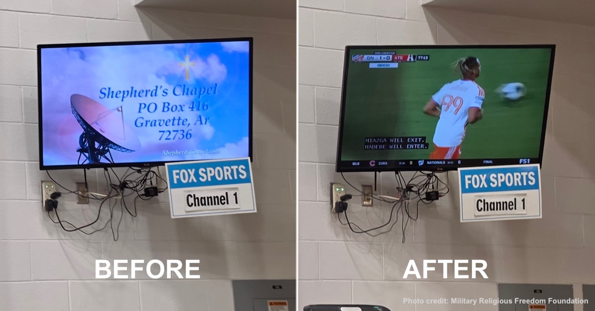 Before and after photos showing TV switched to Christian programming is now back to sports programming