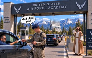 Gate guard at Air Force Academy saying God bless you with Jesus in background doing a face palm