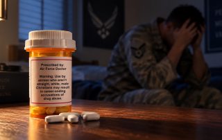 Prescription pill bottle with label that says Prescribed by Air Force Doctor Warning Use by airmen who aren’t straight white male Christians may result in career-ending accusations of drug abuse