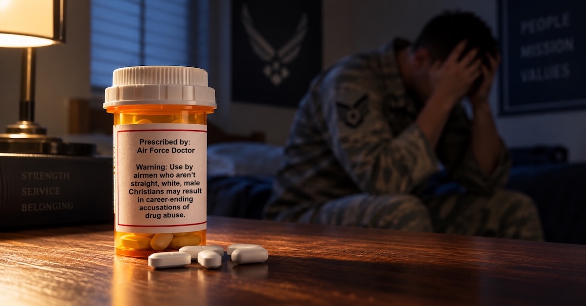 Prescription pill bottle with label that says Prescribed by Air Force Doctor Warning Use by airmen who aren’t straight white male Christians may result in career-ending accusations of drug abuse