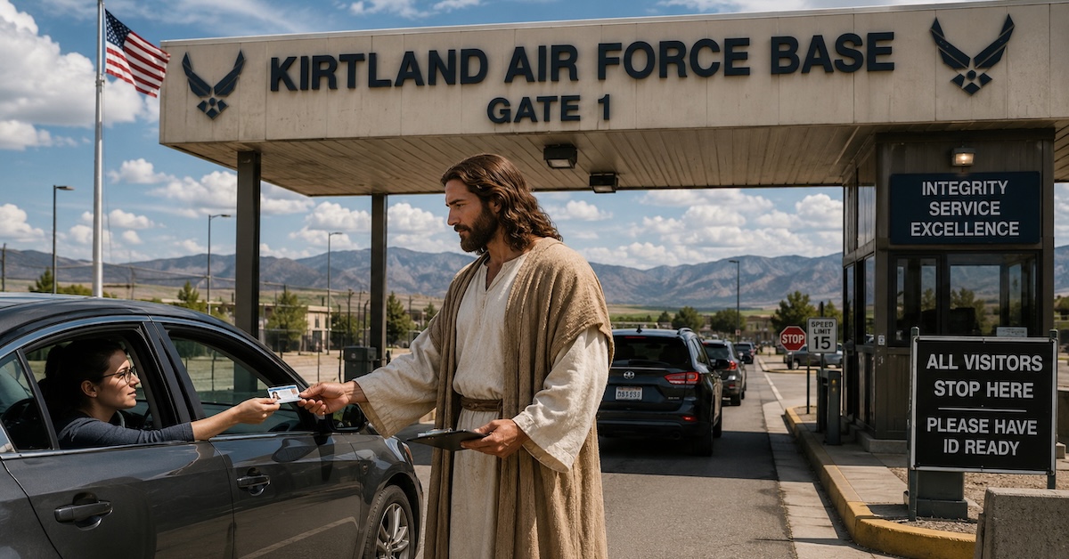 AI generated image of Jesus checking IDs at Kirtland Air Force Base gate
