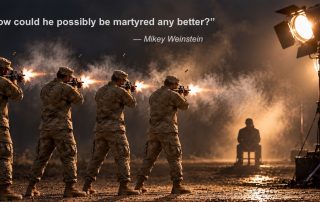 Army firing squad firing with movie set lights. Quote from Mikey Weinstein How could he possibly be martyred any better?