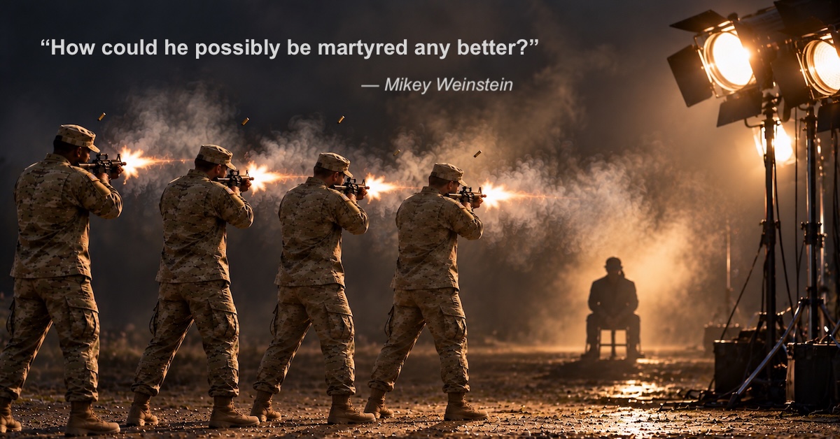 firing-squad Army firing squad firing with movie set lights. Quote from Mikey Weinstein How could he possibly be martyred any better?