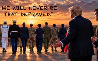 Group of troops walking away from Trump and Hegseth with caption We will never be that depraved