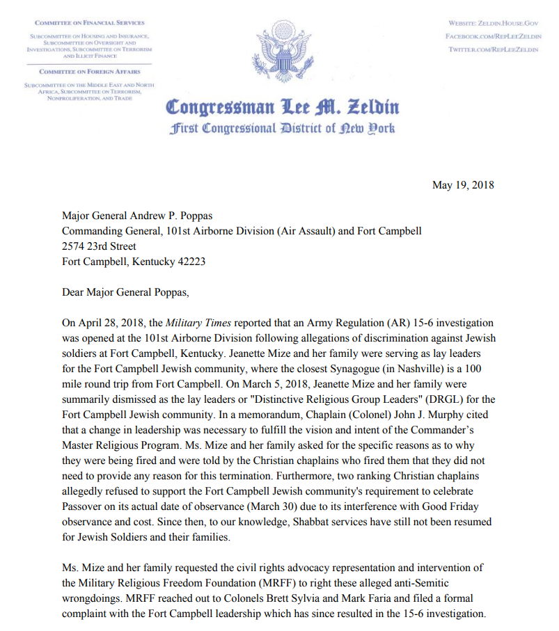 Congressman Lee Zeldin writes letter to Fort Campbell In Response to